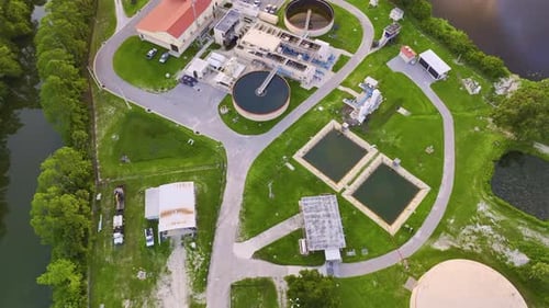 Aerial View of Modern Water Cleaning Facility at Urban Wastewater Treatment Plant