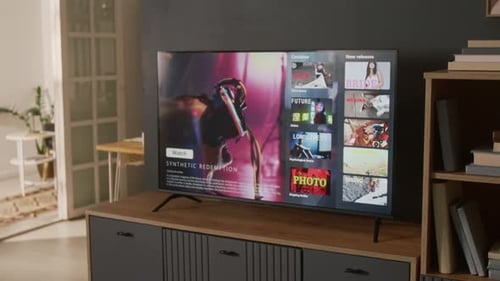 TV at Home with Streaming Service Menu and Cyberpunk Movie