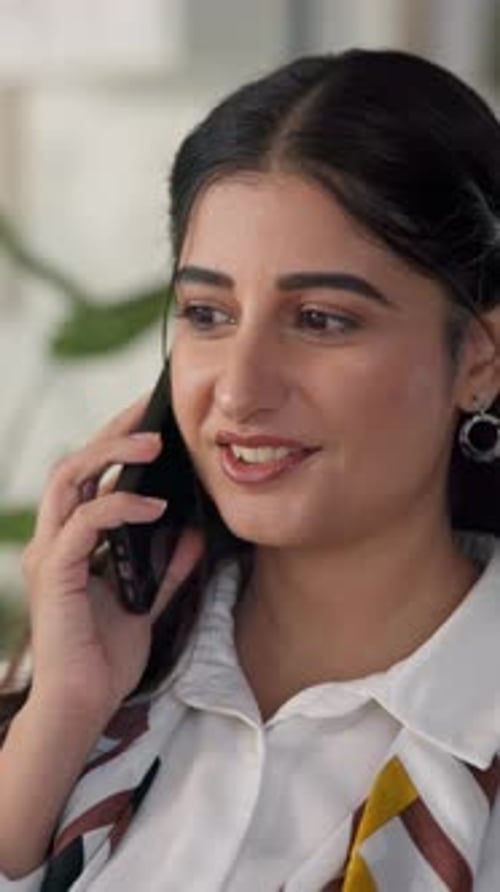 Phone call, talking and woman with smile, office and communication without contact