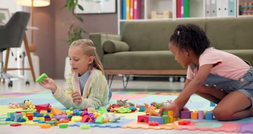 Building blocks, children and friends on floor in home for cognitive development or creativity