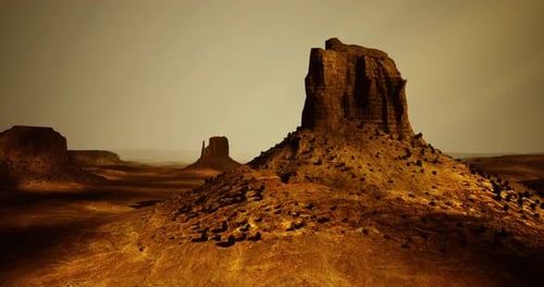 Breathtaking Desert Landscape with Towering Rock Formations Under Golden Light
