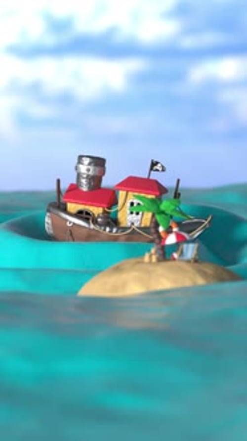 Whimsical Animated Steamboat Sinking by Octopus Tentacles Near Island