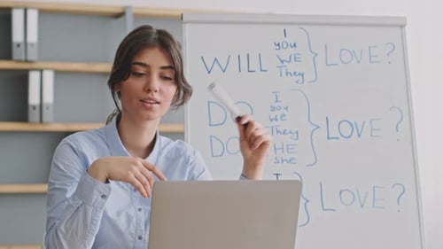 Woman Teaching English Online with Whiteboard and Laptop
