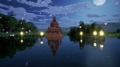Peaceful Buddha Statue on Moonlit Lake with Falling Petals