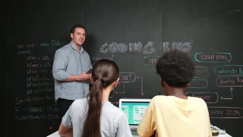 Smart teacher holding tablet while explain about programming system. Edification