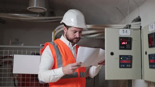 Man Reviews Plans Near Electrical Panels