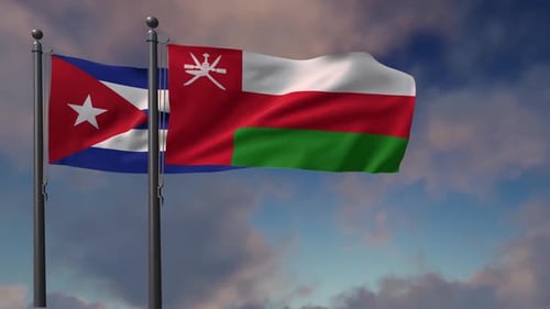 Cuba and Oman National Flags Waving on Flagpoles