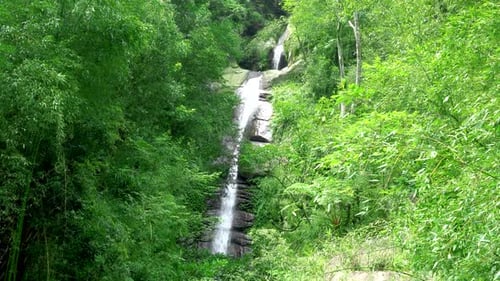 A small waterfall between the mountains and the forest.