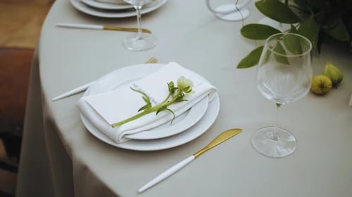 Top View of Beautiful Wedding Decor All Decorated in White Green Colors Style Classic Served Plates