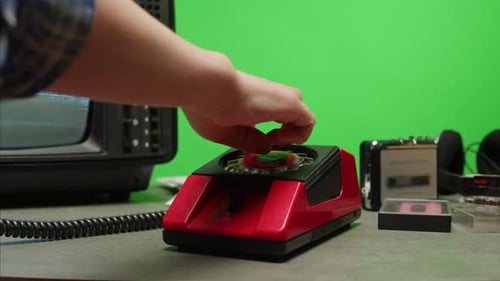 Retro Vintage Phone on Chroma Key Green Screen Rotary Telephone is Displayed on a Wooden Desk Adding