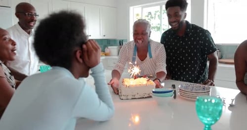 Family celebrates birthday with cake and sparklers