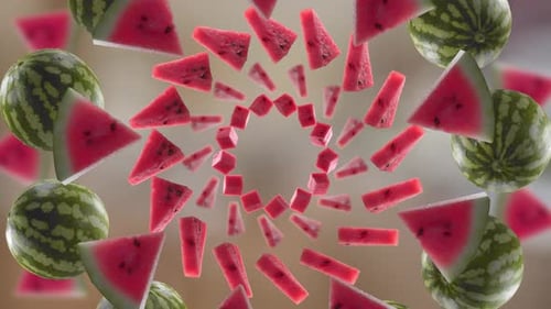 Watermelon Slices and Whole Fruits Swirling Tunnel Background