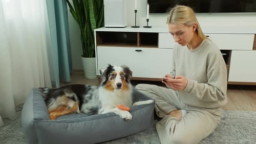 Woman with her Dog Looks at her Phone Indoors