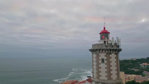 Dramatic Sky Coastal Lighthouse Drone Shot Deep Ocean Washing Rough Coastline