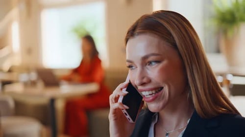 Girl Enjoy Cellphone Conversation Sitting Cozy Cafeteria Closeup Portrait Woman