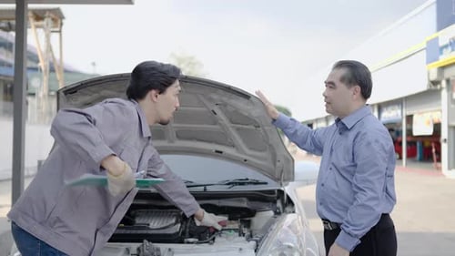 Mechanic Explaining Car Repair to Customer Outside Garage