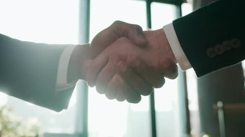 Two Unrecognizable Business Men Shake Hands Team Greeting Negotiation Meeting in Office Sunny Sun