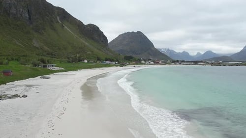 Aerial video of the picturesque coast, islands and mountains in the Lofoten Islands
