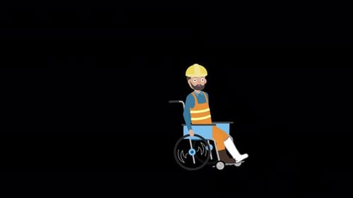 Animated Injured Construction Worker in Wheelchair with Leg Cast