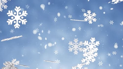 White Snowflakes Falling Against Blue Sky Loop