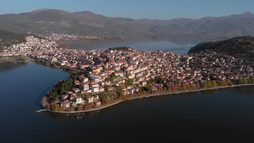 Aerial Point Of interest Shot in Kastoria Greece at Dawn, 4K footage