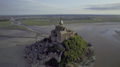 Aerial view of mont saint michel at low tide, France.