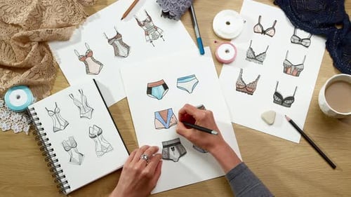Fashion Designer Sketching Lingerie Designs on Paper
