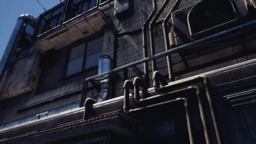 Futuristic Industrial Building with Pipes and Wiring Motion Background