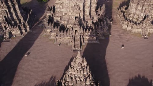 Entrance of Candi Siwa at Prambanan temple complex in morning, aerial
