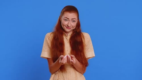 Woman Rubbing Fingers Show Cash Gesture Demands to Pay Back the Debt Take Loan Do Shopping Begging