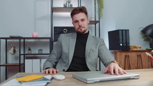 Business Smiling Man Closing Laptop Computer After Finishing Online Work Remote Job From Home Office
