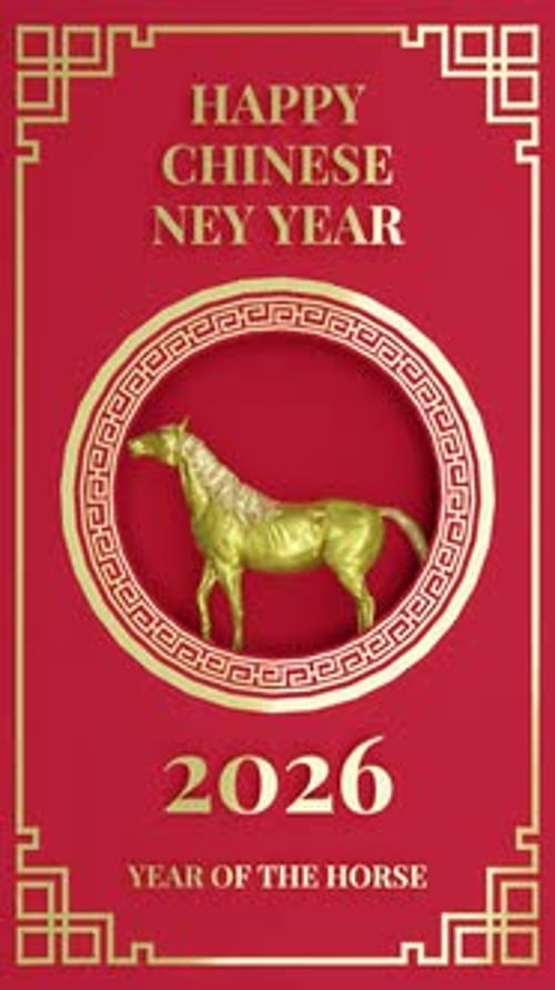 Decorative Red and Gold Chinese New Year Horse Greeting Card Animation