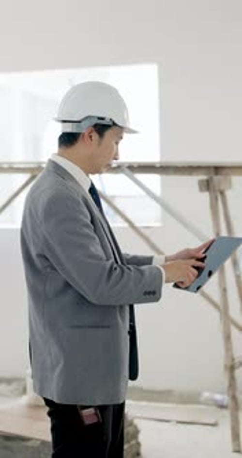 Asian male supervisor checks tablet beside unfinished wall, pointing across site while coordinating