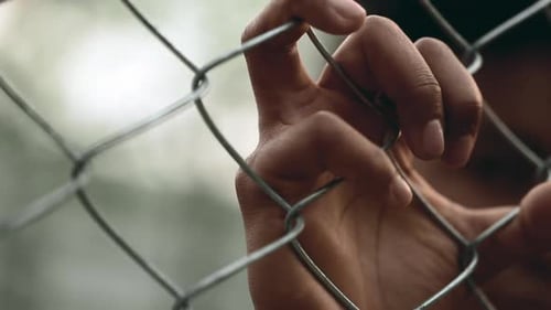 Close-up hand holding into metal fence barrier symbolizing entrapment behind cage. Person feeling