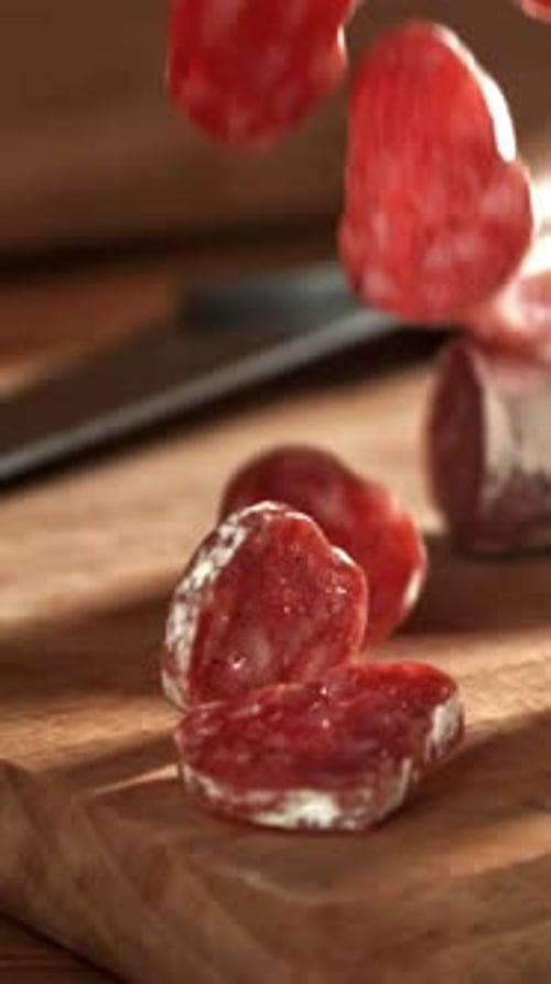 Sliced Salami Fall on the Table Filmed on a Highspeed Camera at 1000 Fps
