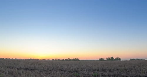 Flat Hill Meadow Timelapse at the Summer Sunrise Time Wild Nature and Rural Grass Field Sun Rays and