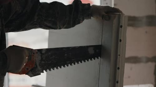 Worker Cutting Gypsum Block with Hand Saw During Wall Installation Close Up