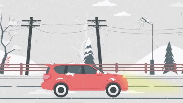 Red Car Driving on Snowy Road Flat Design Animation, Backgrounds Motion ...