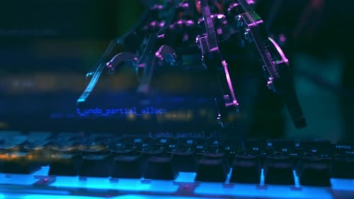 Robot Hand Working and Typing on Pc Keyboard with AI Technology Artificial Intelligence Mechanical