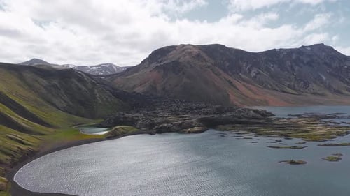 Aerial View of Icelandic Lake Volcanic Mountain and Mossy Terrain