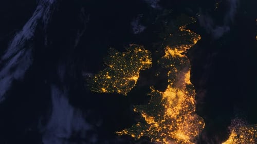 Ireland Zoom In. View From Space Orbit. Uk And Planet Earth At Night. Night Globe