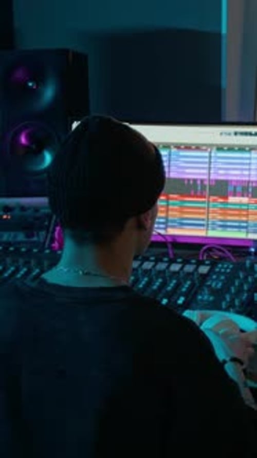 Young Adult Music Producer Working at Mixing Board
