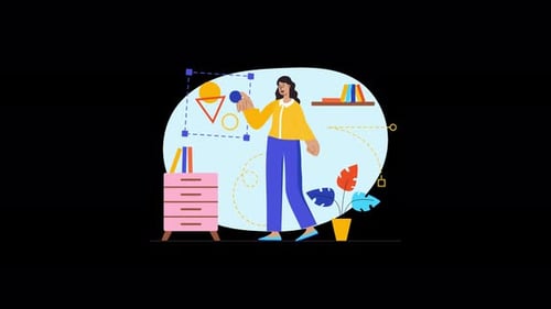 Illustration d'une femme interagissant avec des éléments créatifs