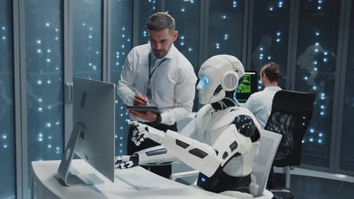 Futuristic Data Center Office Artificial Intelligence Automated AI Cybernetic Robot Cooperating with