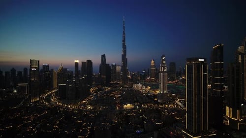 Aerial view of Dubai skyline with Burj Khalifa, UAE.