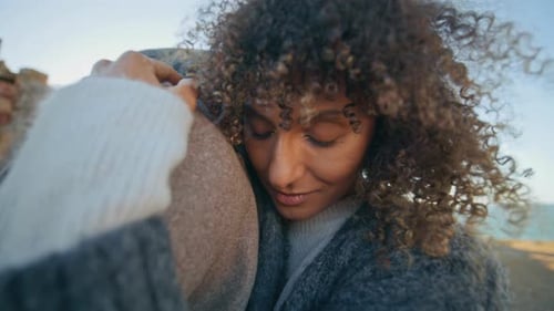 Lovely Couple Embracing Evening Beach Closeup Happy Woman Man Lovers Cuddling