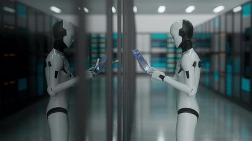 Futuristic Android Using Tablet in Server Room