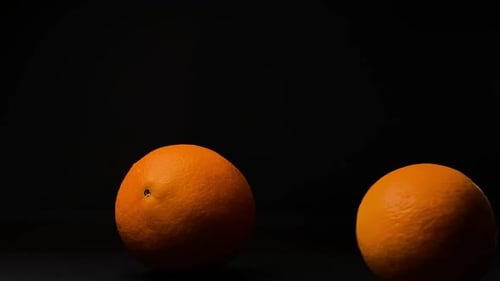 Rolling orange fruit, black background. Slowmotion. Selective focus. Steady shot. Scene A.
