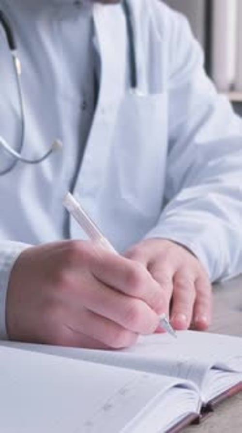 Un jeune médecin et uniforme professionnel concentré travaille dans son bureau à remplir des formalités administratives