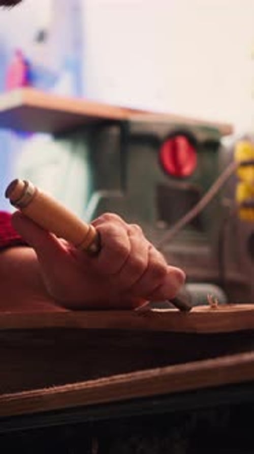 Vertical Video Artist Uses Vice Tool to Clamp Piece of Wood Shaping Log